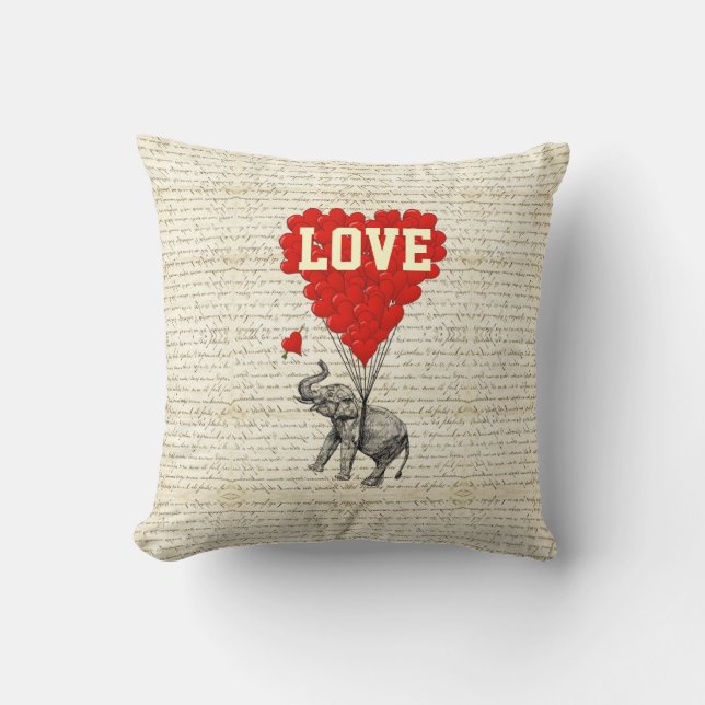 Romantic elephant and heart balloons throw pillow (Front)
