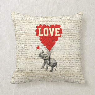 Romantic elephant and heart balloons throw pillow