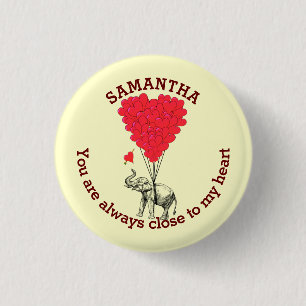 Romantic elephant and red heart personalized 1 inch round button