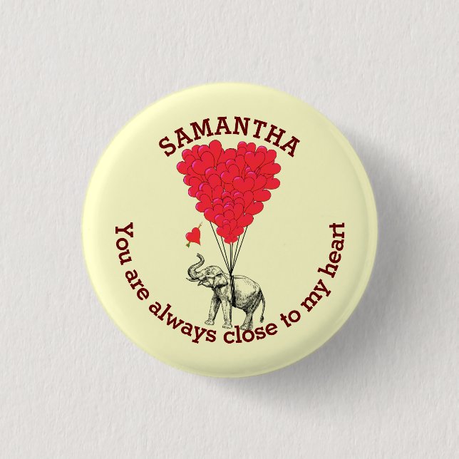 Romantic elephant and red heart personalized 1 inch round button (Front)