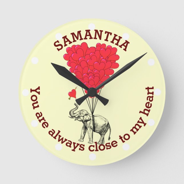 Romantic elephant and red heart personalized round clock (Front)
