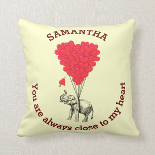 Romantic elephant and red heart personalized throw pillow
