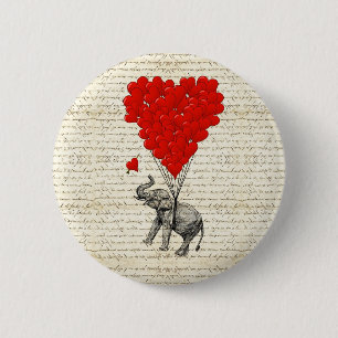 Romantic elephant & heart balloons 2 inch round button