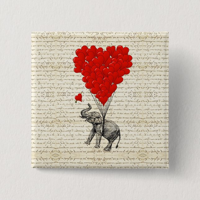 Romantic elephant & heart balloons 2 inch square button (Front)