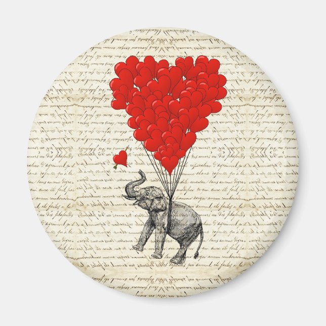 Romantic elephant & heart balloons magnet (Front)