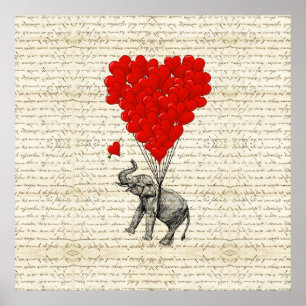 Romantic elephant & heart balloons poster