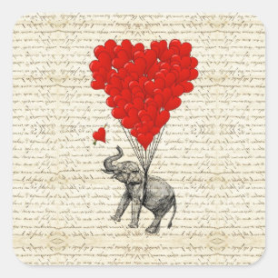 Romantic elephant & heart balloons square sticker
