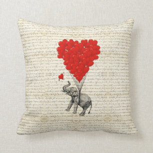 Romantic elephant & heart balloons throw pillow
