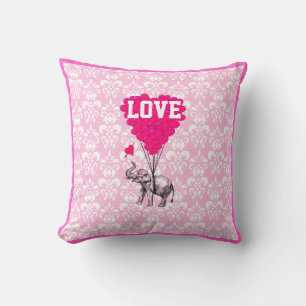 Romantic elephant on pink damask throw pillow
