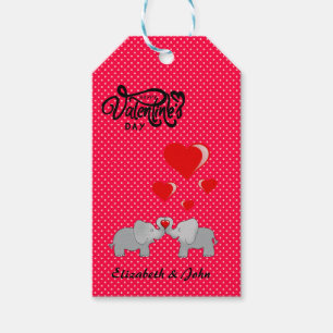 Romantic Elephants & Red Hearts On Polka Dots Gift Tags