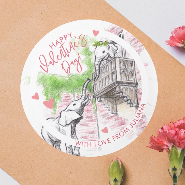 Romantic Elephants Romeo and Juliet Valentines Day Classic Round Sticker (Creator Uploaded)
