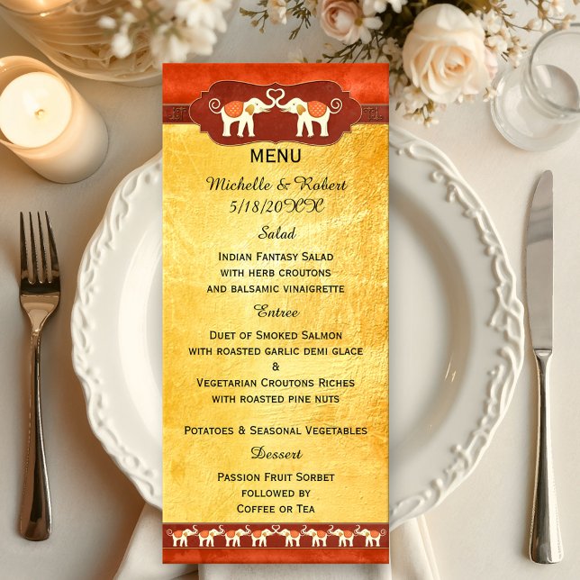Romantic Elephants Wedding Menu (Wedding menu featuring two ivory colored elephants in love with their tribes cheering them on)
