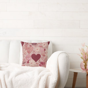 Romantic Embroidered Hearts & Floral Pattern Throw Pillow
