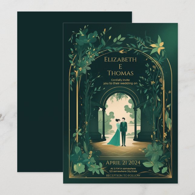 Romantic Emerald Green And Gold. Invitation (Front/Back)