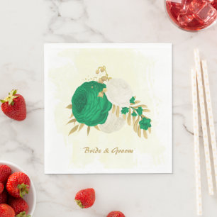 Romantic emerald green & white flowers gold napkin