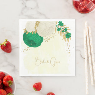 Romantic emerald green & white flowers gold napkin
