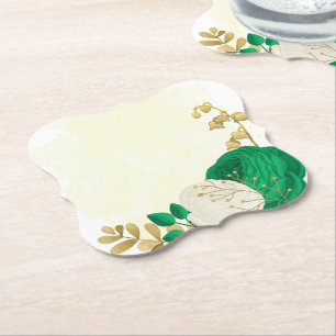 Romantic emerald green & white flowers gold paper coaster