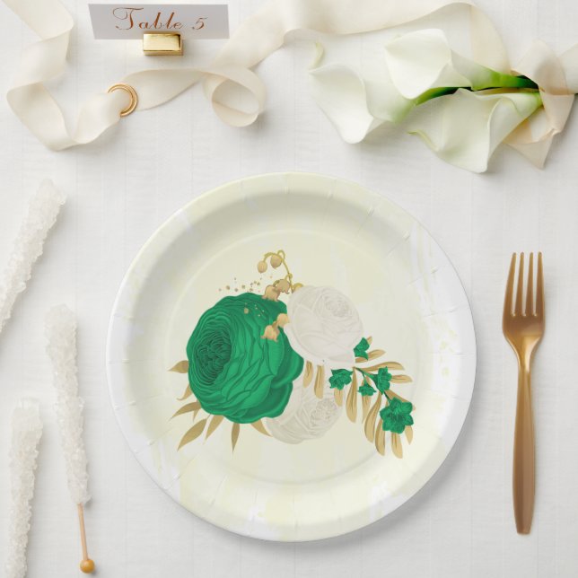 Romantic emerald green & white flowers gold  paper plate (Wedding)
