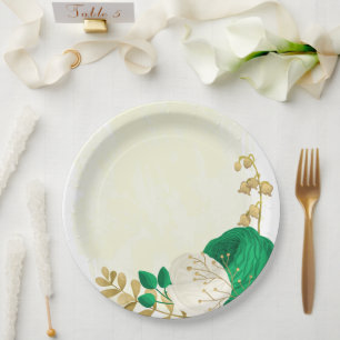 Romantic emerald green & white flowers gold paper plate