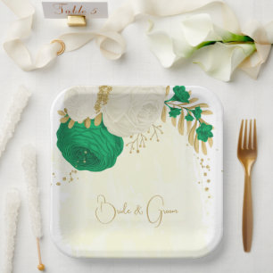 Romantic emerald green & white flowers gold paper plate