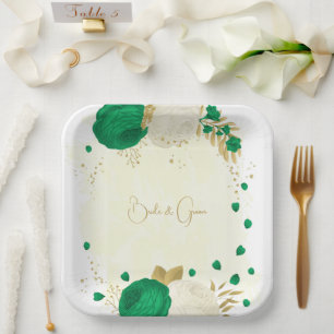 Romantic emerald green & white flowers gold paper plate