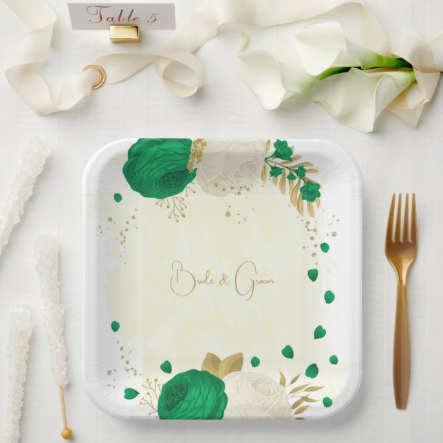 Romantic emerald green & white flowers gold paper plate (Wedding)