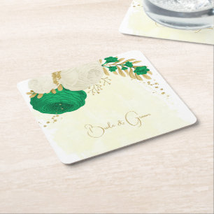 Romantic emerald green & white flowers gold square paper coaster