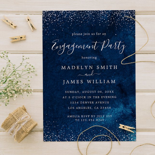 Romantic Engagement Party Navy Blue Silver  Invitation (Creator Uploaded)
