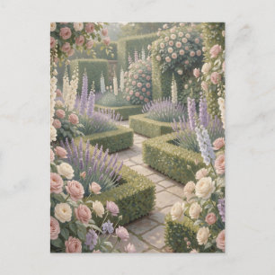 Romantic English Garden Pink Roses Lavender Stone Postcard