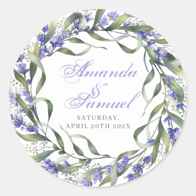Romantic Eucalyptus & Lavender Wedding  Classic Round Sticker (Front)