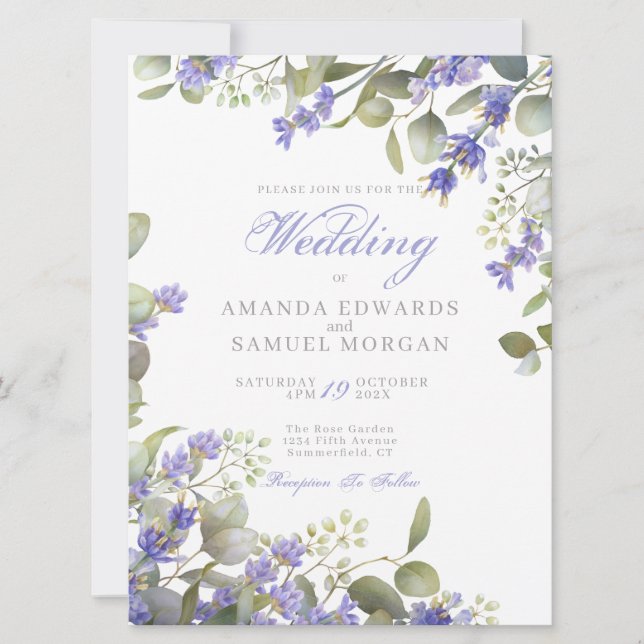 Romantic Eucalyptus & Lavender Wedding Invitation (Front)