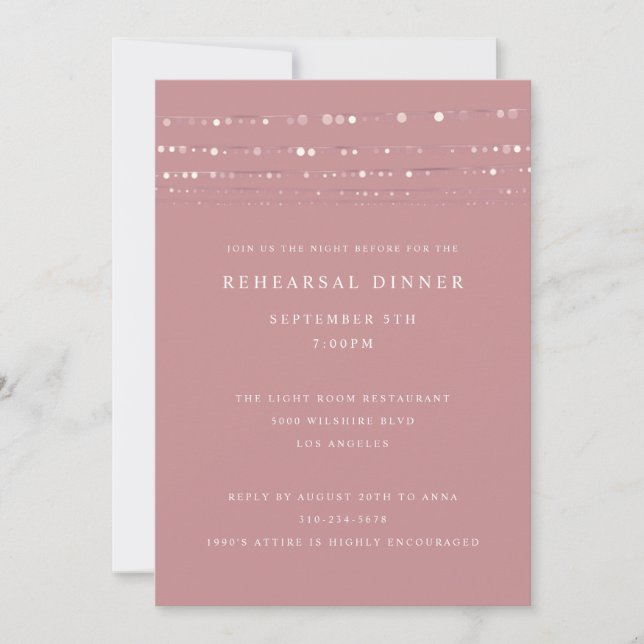 Romantic Fairy Lights Dusty Rose Rehearsal Dinner Invitation (Front)