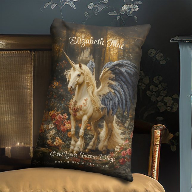 Romantic Fairy Tale Forest Unicorn With Wings Lumbar Pillow (Creator Uploaded)