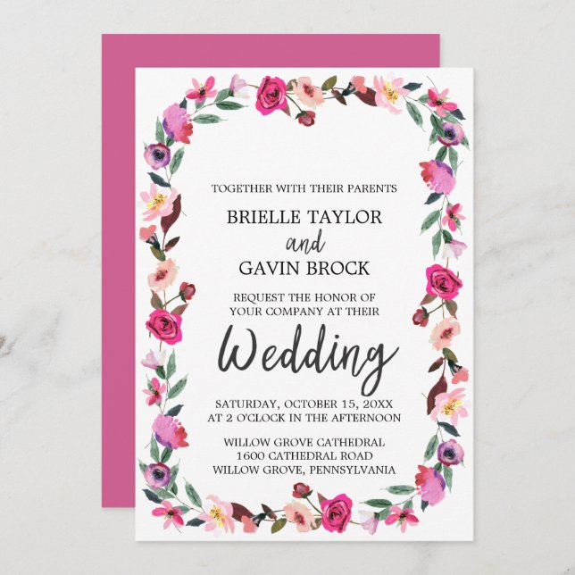 Romantic Fairytale Blossom Wreath Wedding Invitation (Front/Back)