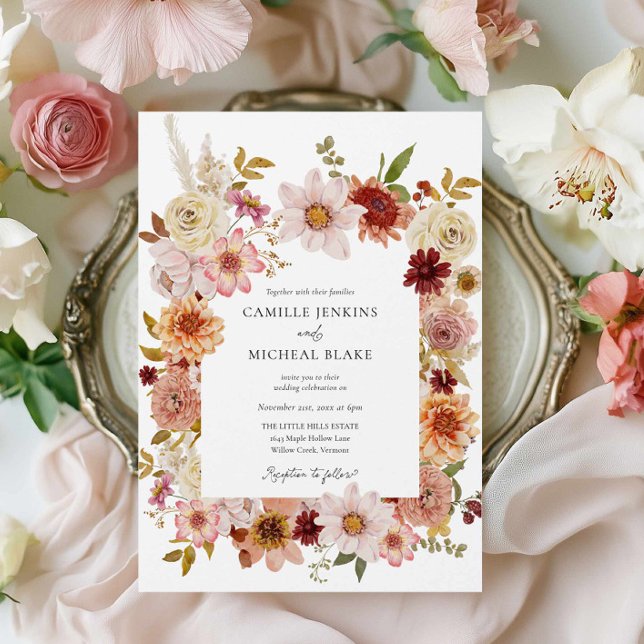Romantic Fall Garden All In One Wedding Invitation (Wildflower Fall Wedding Invitation with QR Code)