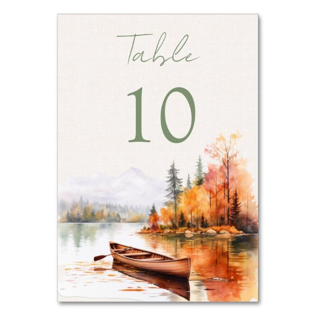 Romantic fall lake and boat Wedding Table Number (Front)