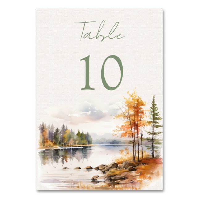 Romantic fall lake Wedding Table Number (Back)