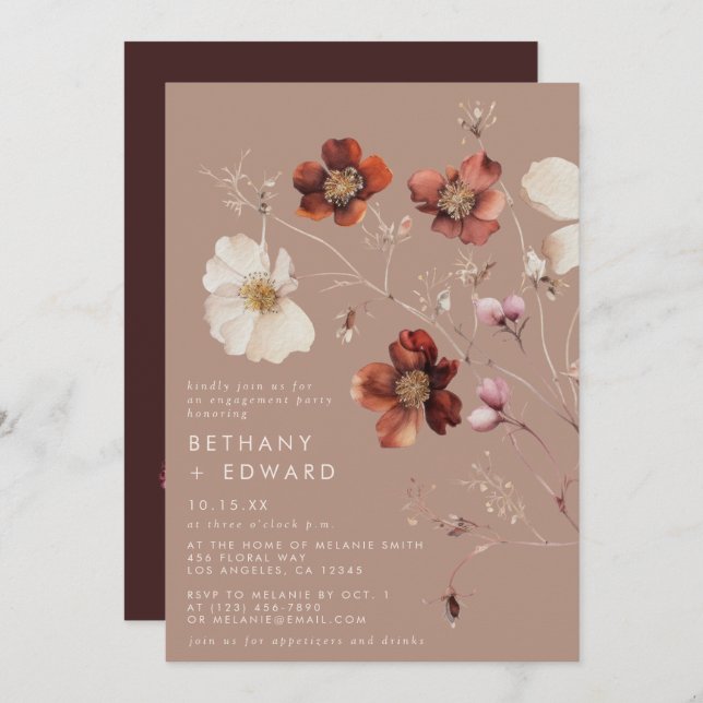 Romantic Fall Taupe Wildflower Engagement Party Invitation (Front/Back)