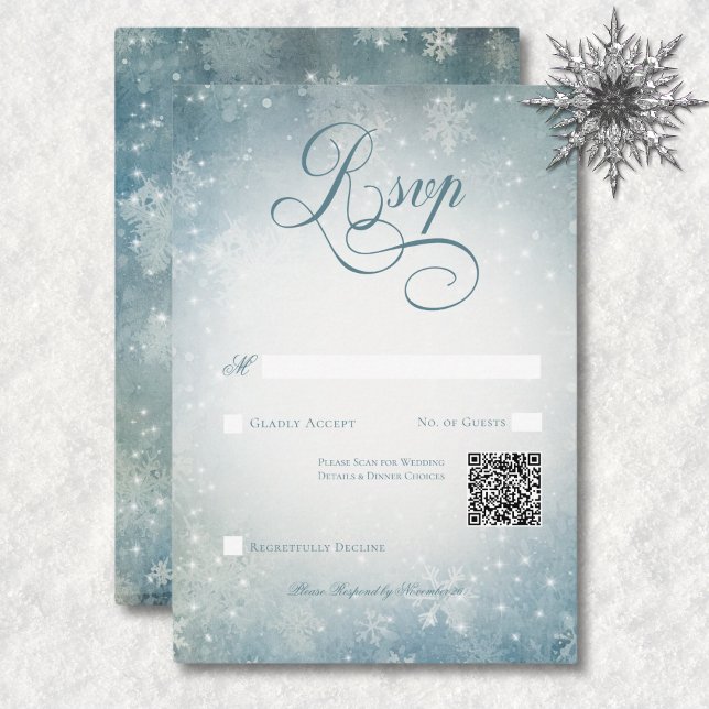 Romantic Falling Snow Blue & White Sparkle QR Code RSVP Card (Romantic Falling Snow Blue & White Sparkle QR Code RSVP Card)