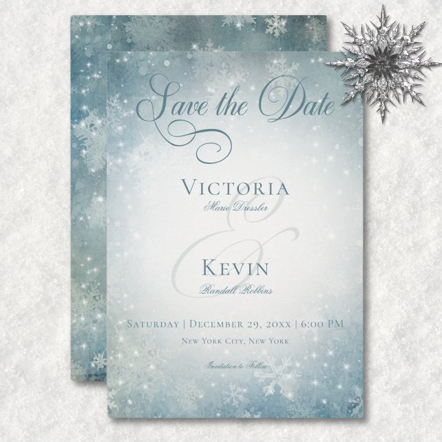 Romantic Falling Snow Blue & White Sparkle Save The Date (Romantic Falling Snow Blue & White Sparkle Save The Date)
