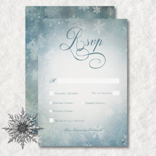 Romantic Falling Snow Blue & White Wedding Dinner RSVP Card
