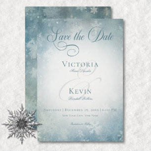 Romantic Falling Snow Blue & White Wedding Save The Date
