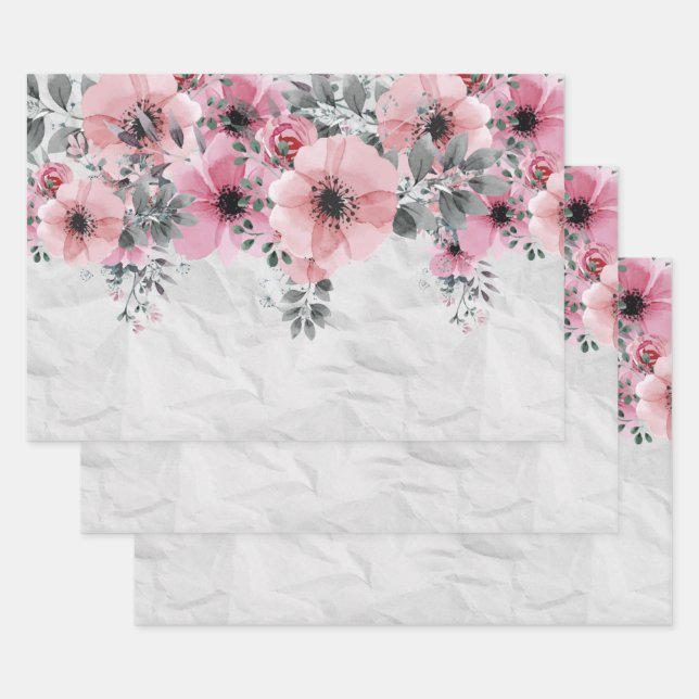 Romantic Feminine Elegant Antique Pink Floral Wrapping Paper Sheet (Set)