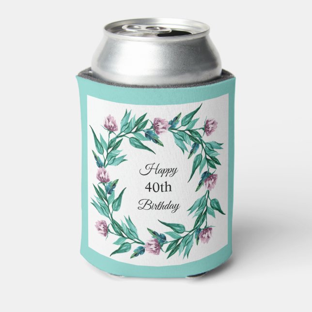 Romantic Feminine Floral 40th Birthday Can Cooler (Can Back)
