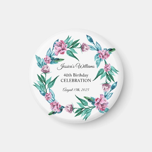 Romantic Feminine Floral 40th Birthday Magnet (Front)
