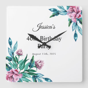 Romantic Feminine Floral 40th Birthday Square Wall Clock