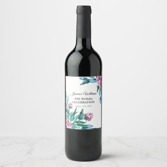 Romantic Feminine Floral 40th Birthday Wine Label (Front)