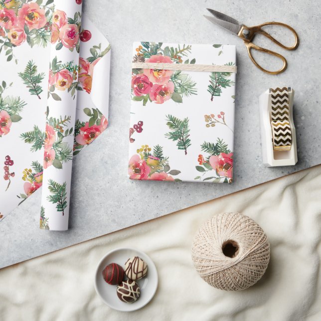 Romantic Festive Floral & Pine | Christmas Holiday Wrapping Paper (Crafts)