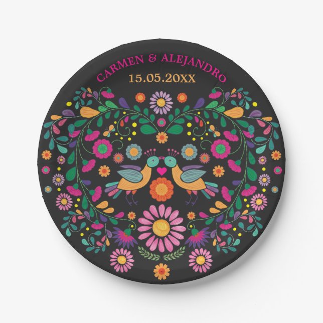 Romantic Fiesta Birds Mexican Floral Wedding Decor Paper Plate (Front)