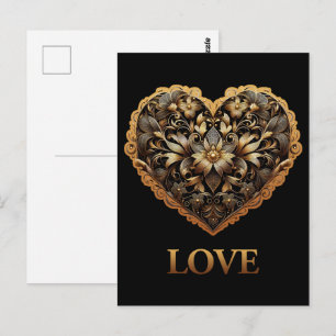 Romantic filigree gold heart with Love word Postcard